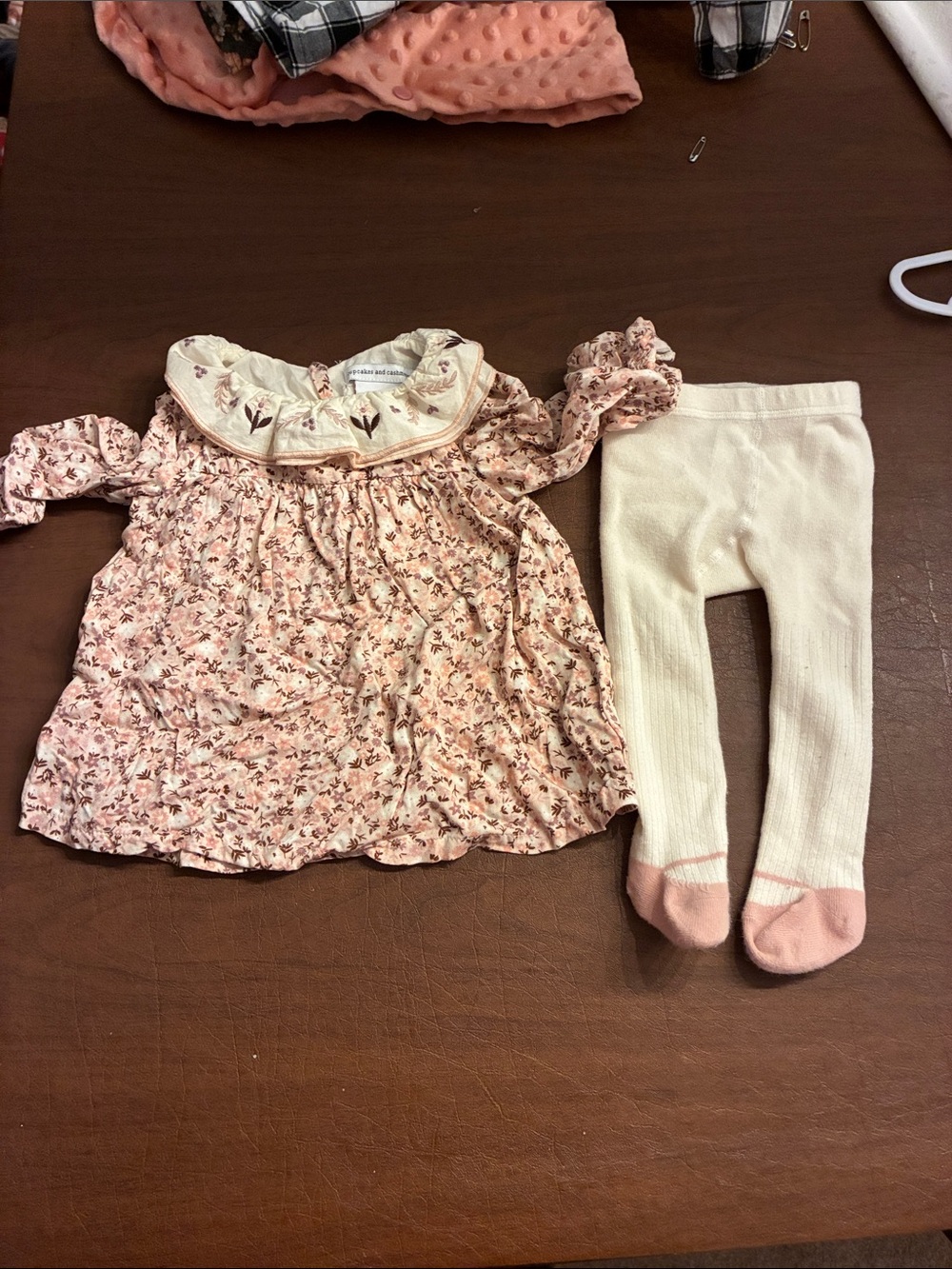 cupcakes & cashmere Pink Floral Smocked Dress with Cream Tights